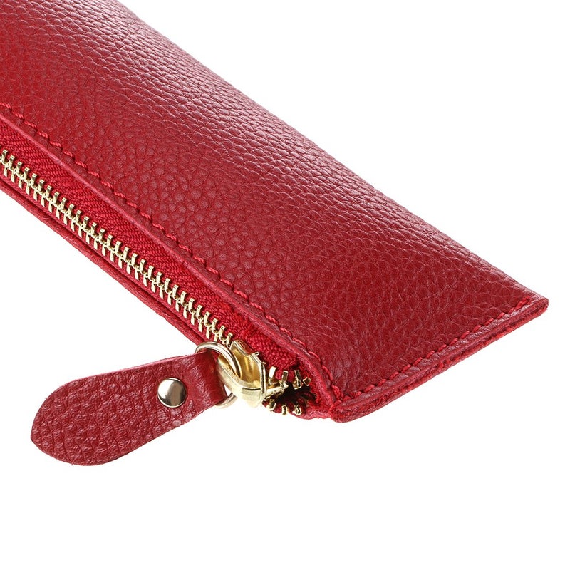 BTSKY Genuine Leather Pencil Case - Zippered Pen Case Stationery Bag Zipper Pouch Pencil Holder (Red) - Image 5
